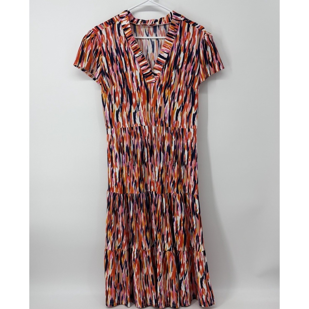 Jude Connally Megan Tiered Midi Dress Womens Small Multicolor Stretch Comfy